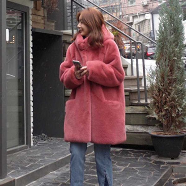 

women's fur & faux 2021 style rex high-end retro hooded loose warmth is thin and heavy casual fashion mid-length jacket, Black