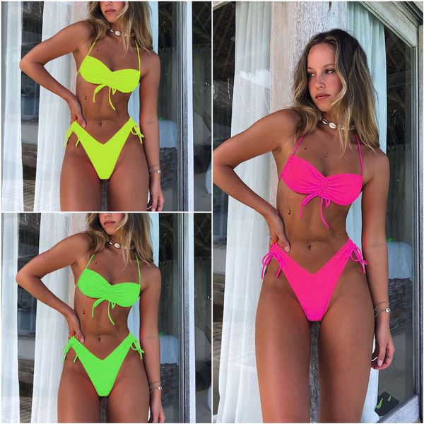 

2019 women's solid color pleated bandage 9269 2019 swimsuit bikini women's swimsuit solid color pleated bandage bikini 9269, Black;red