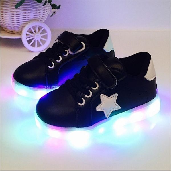 

boys and girls white star led light-emitting board children luminous star shoes lights small and medium children leather shoes, Black
