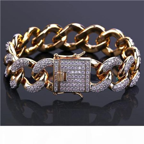 

18k real gold planted miami cuba link bracelets hip hop full zircon iced out men bracelets, Golden;silver