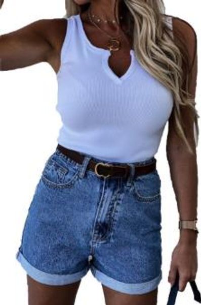 

women's vintage spray white casual high waist curled denim shorts, Blue