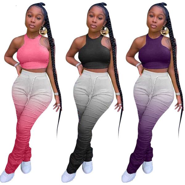 

summer stacked leggings sets two piece outfits crop pleated pants 2020 tracksuit women 2 piece set trousers suits, Gray