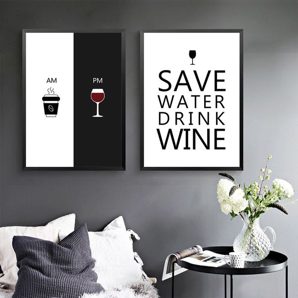 

am coffee pm wine sign painting drink wine quotes posters black and white canvas prints wall pictures for kitchen home decor