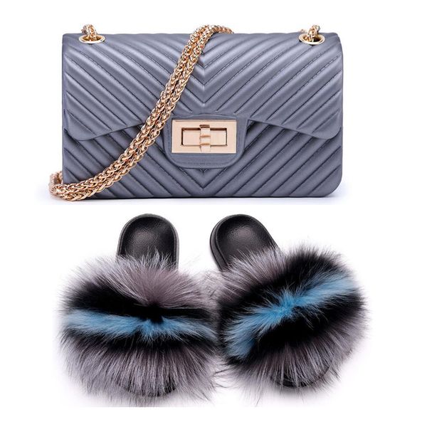 

women fashion cute furry fur slippers travel fluffy plush fur slides rainbow slippers set jelly chain purse bags match set, Black