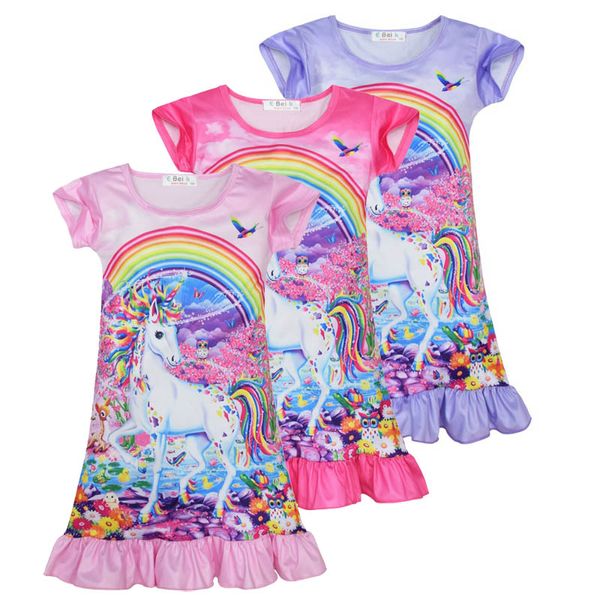 

sweet baby} kids girls short sleeves cute unicorn animal horse rainbow printed nightdress sleepwear girls clothes daily dress pajamas, Red;yellow