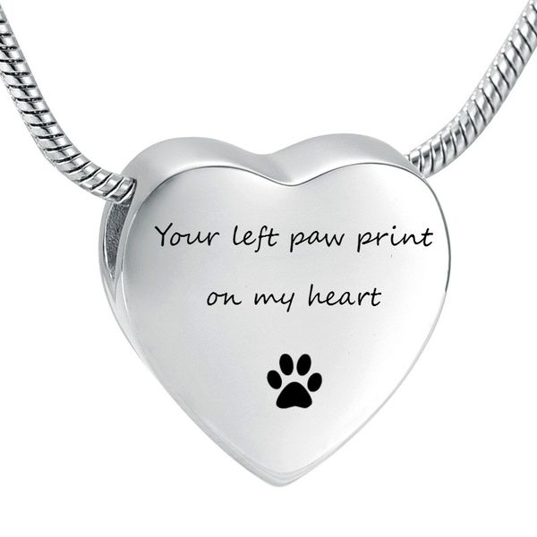 

fashion custom engrave stainless steel heart charms urn necklaces pet dog print cremation jewelry memorial pendant 13mm, Silver