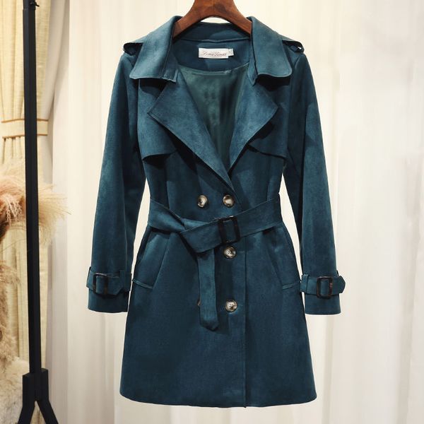 

2020 new spring autumn women british style long trench coat lady double breasted suede solid sashes windbreaker overcoats s205, Tan;black