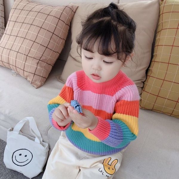 

girls 2020 new wear baby baby rainbow children's foreign style sweater children's clothing sweater knitted top, Blue