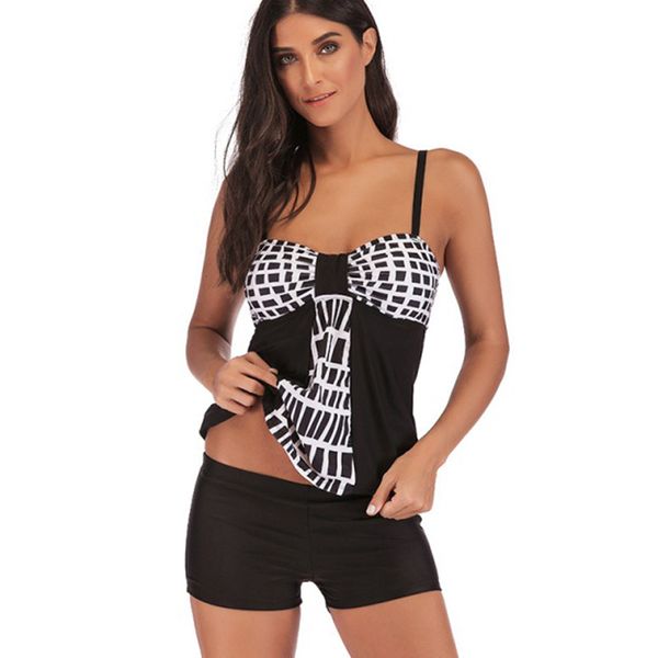 

women plus size tankini swimsuit with shorts black grid backless off shoulder swimwear vintage bathing suit size s-5xl beachwear