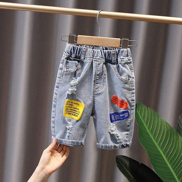 

4987 boys' denim and trousers and shorts thin 2020 new children's summer shorts with holes loose mid-length pants, Blue