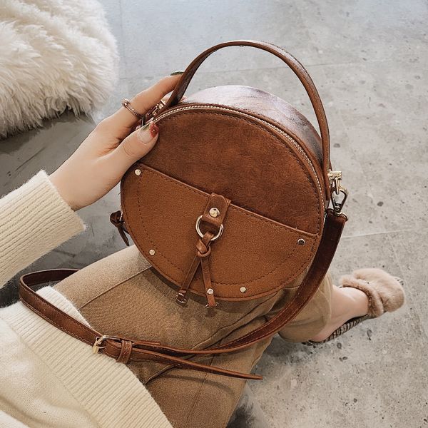 

vintage scrub leather round designer crossbody bag for women pu leather shoulder bags ladies small handbags mini tote bagmultifunction