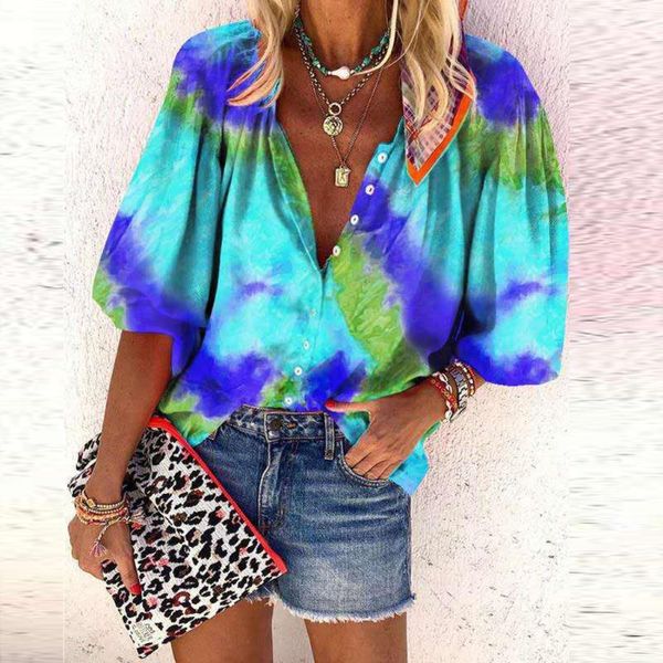 

summer half sleeve female v neck tie-dye women blouse ladies loose buttons chic casual blouses gradient 2020 clothes#4, White