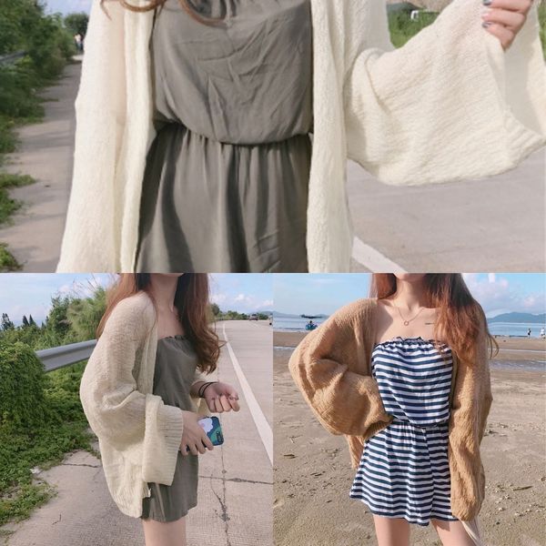 

dlktu 2020 lazy style thin air-conditioning cardigan hollow-out women's korean style loose knitwear coat knitwear summer sun-proof coat, White