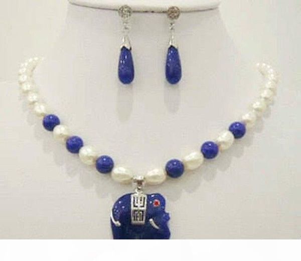 

natural white rice pearl & blue jade elephant pendant necklace earrings set, Black