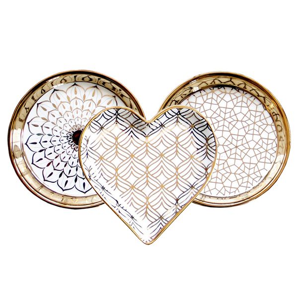 

3pcs nordic style ceramic small dishes circle trinket tray gold trim