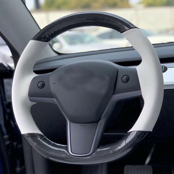 

carbon fiber white leather diy car steering wheel cover for tesla model 3