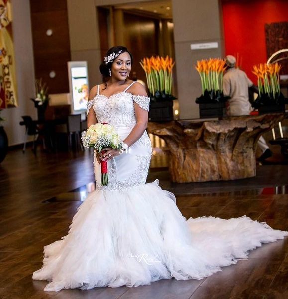 

plus size 2021 mermaid wedding dresses with crystal pearls ruffle long train spaghetti straps african bridal wedding gowns, White