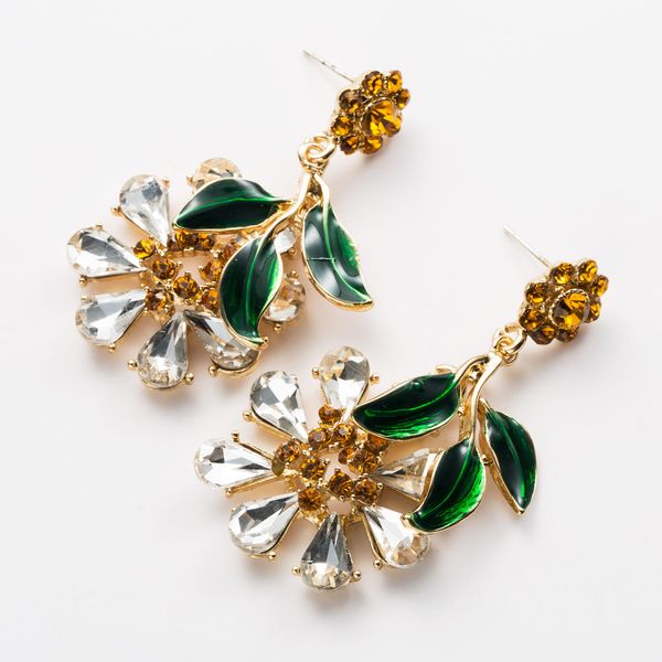 

fashion s925 silver needle acrylic diamond flower drop oil leaf earrings girls' heart ear nail internet red all-match, Golden