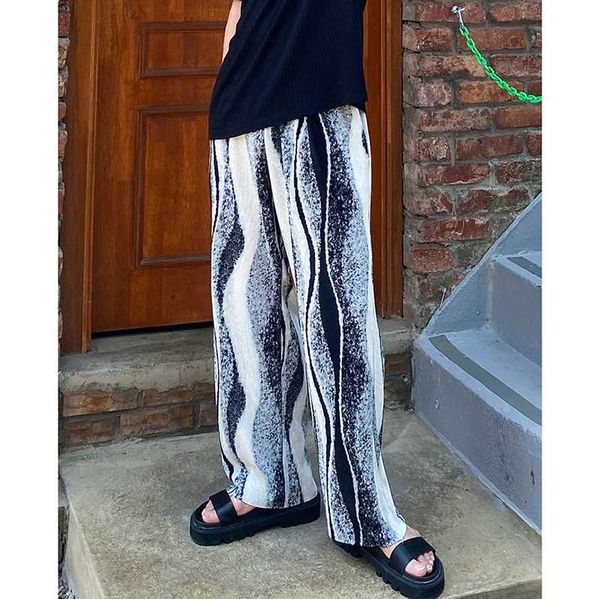 

male women korea japan style streetwear hip hop loose pant men print folds casual straight wide leg pants, Black