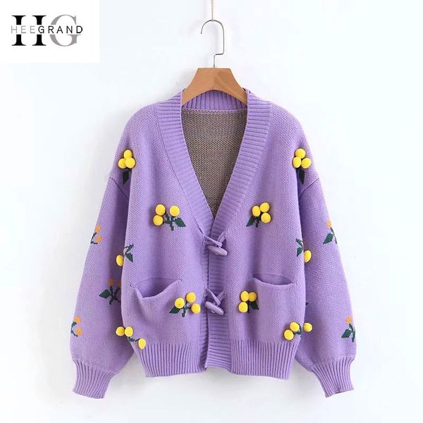 

hee grand preppy style pompon knitted cardigans women embroidery long sleeve warm outwears 2020 autumn new sweater wzm1481, White