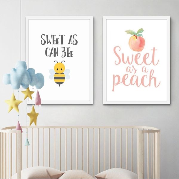 

sweet as a peach bee quote posters and prints baby shower decoration watercolor art canvas painting boy girl birthday party sign