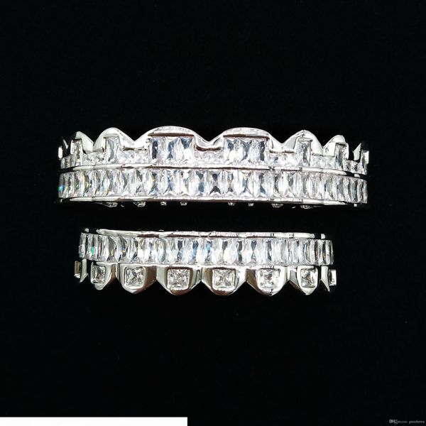 

personalized white gold cz cubic zirconia teeth grills hip hop vampire bling fang grillz iced out full diamond tooth cap mens & womens, Black