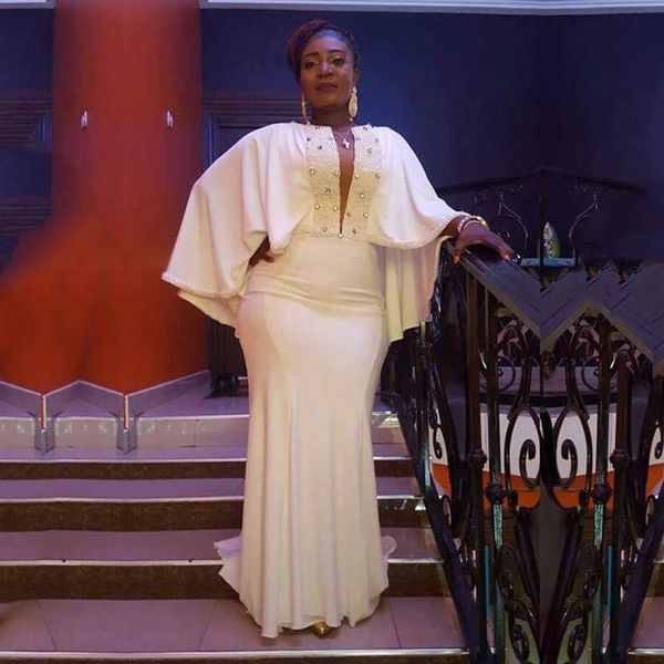 

arabic evening dresses 2020 o neck beaded cape sleeves prom gown mermaid formal arabic dubai party dress plus size, Black;red