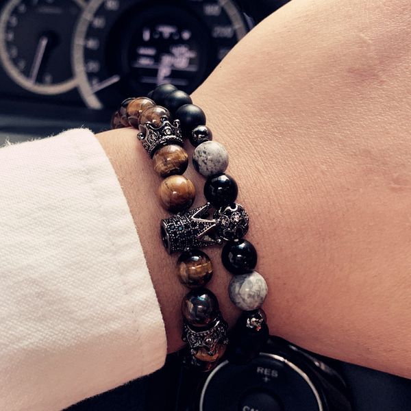

2020 trendy hollow ball strand bracelet men handmade 8mm tiger eye crown charm bracelet for men luxury jewelry gift, Golden;silver