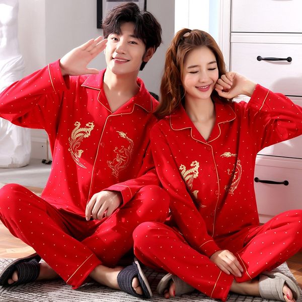 

yt185 spring and autumn couple cotton long pajamas pajamas sleeve cardigan korean style women's red home clothes wedding winter cotton, Black;brown