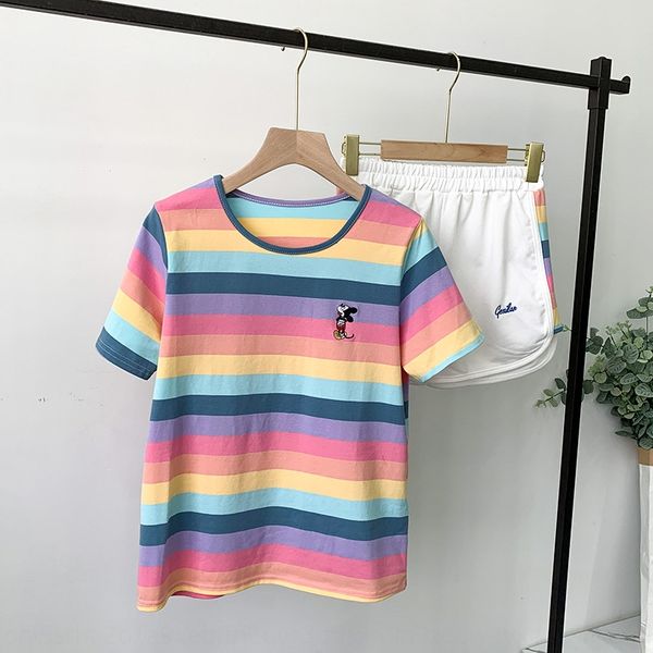 

nqh08 20 new round neck short sleeve rainbow horizontal stripe t-shirt + elastic contrast color pants suit t-shirt shorts stitching shorts s, Black