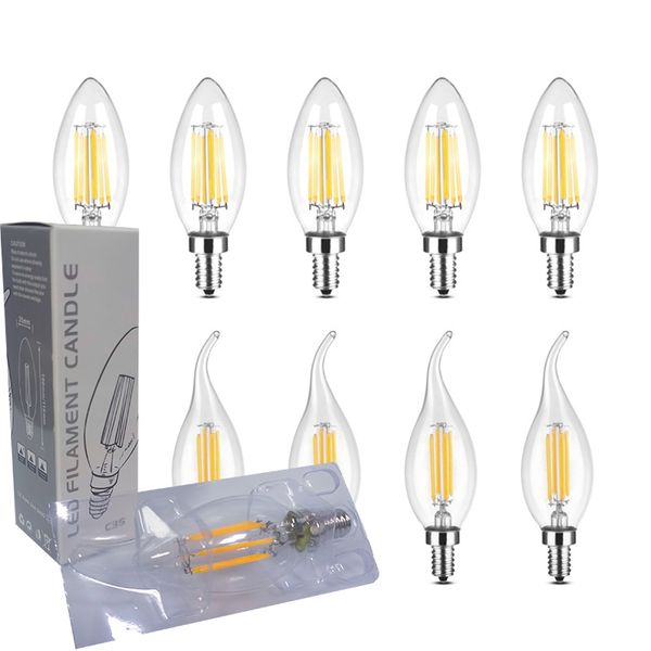 

100pcs lot dimmable 90+cri led filament bulb c35 lamp e12 e14 e26 e27 b22 candle bulbs 2w 4w 6w led chandelier light bulbs