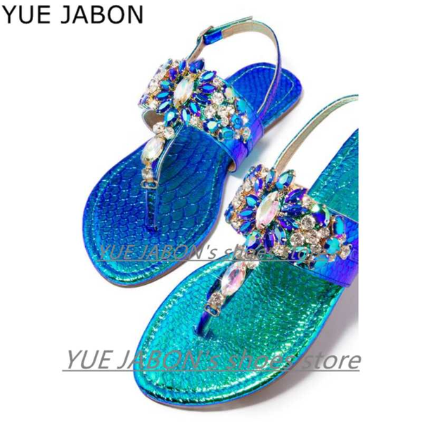 

blue black gold gladiator rhinestone flats women sandals shoes bohemia crystal beach shoes for summer women size 43