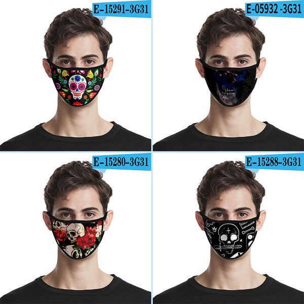 

3d skull face masks with various patterns black dustproof printed halloween masks polyester fabric protective masks c3205