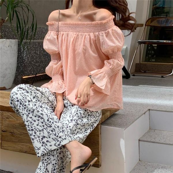 

long sleeve off shoulder slash ruched ruffle pink cute boho women solid blouse korean shirt flower long pantalon sweet, White
