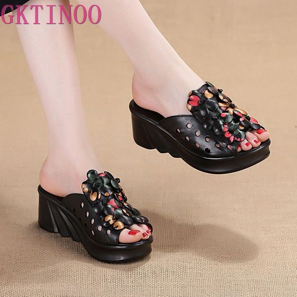 

gktinoo summer woman shoes platform slippers wedge genuine leather women high heel slippers for women retro sandals female shoes, Black
