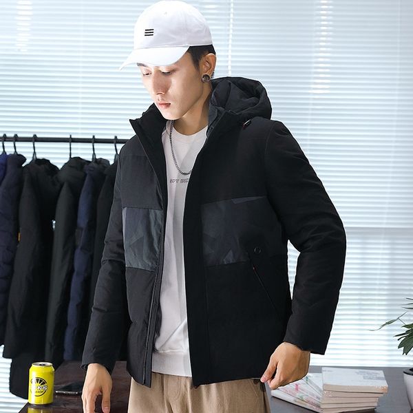 

high-end youth short thickened warm coat 2019 winter new hooded 90 warm jacket velvet slim down jacket for men, Black