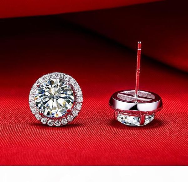 

4 carat pair micro paved mount round cut synthetic diamond jewellery engagement earrings stud wholesale sterling silver jewelry fine, Golden;silver