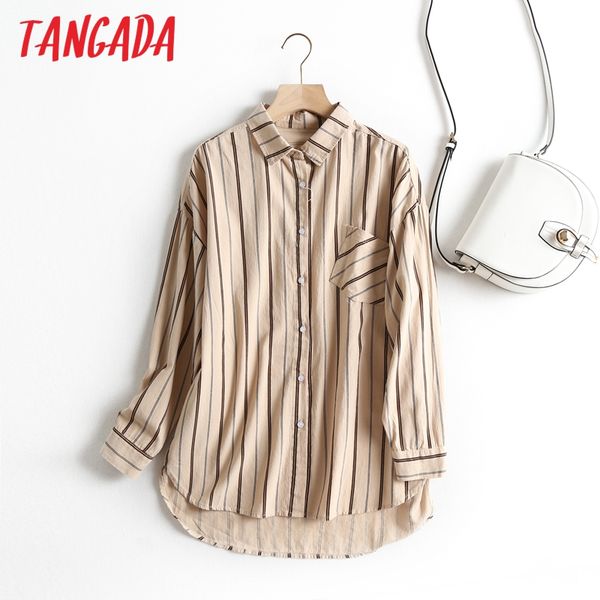 

tangada fashion women vintage striped cotton blouse oversize long sleeve 2020 female shirt loose female casual bao17, White