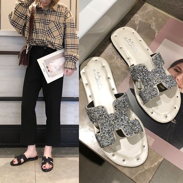 

women's online celebrity fashion comfortable and slippers ins rivet sandals rhinestone large size flat slippers women's sandals