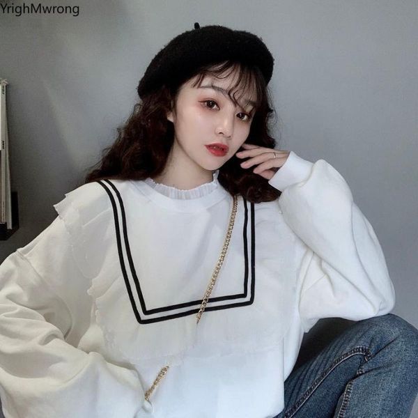 

women's hoodies & sweatshirts splicing chiffon ruched cascading ruffle lolita women cute korean winter autumn spring sweatshirt pullove, Black