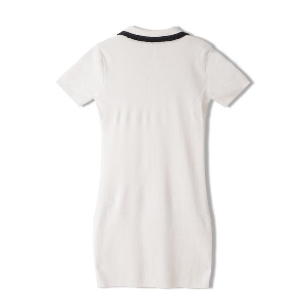 

women slim dress spring office ladies lapel short sleeve ice silk knitted elegant a-line stripe lady dresses, White