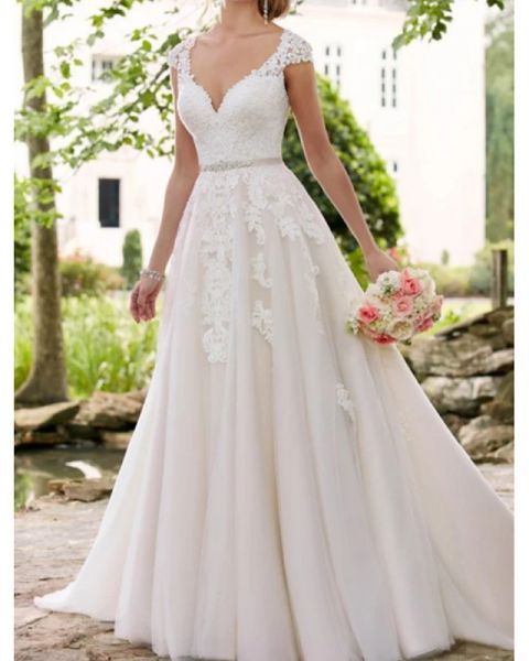 

a-line wedding dresses v neck sweep / brush train lace tulle regular straps formal mordern illusion detail with sashes / ribbons crystals la, White