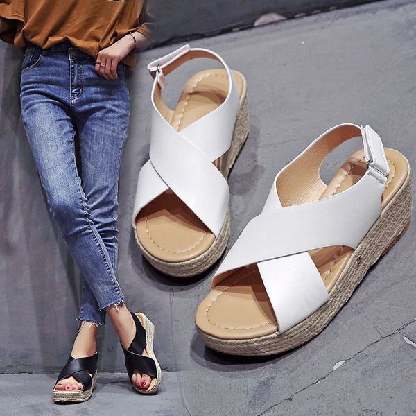 

amazon woven thick bottom slope heel sandals women's cross band waterproof platform fish mouth large women's sandals, Black