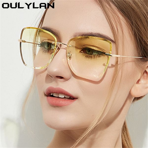 

oulylan 2020 women fashion rimless sunglasses luxury vintage brand gradient shades sun glasses ladies clear blue eyewear uv400, White;black