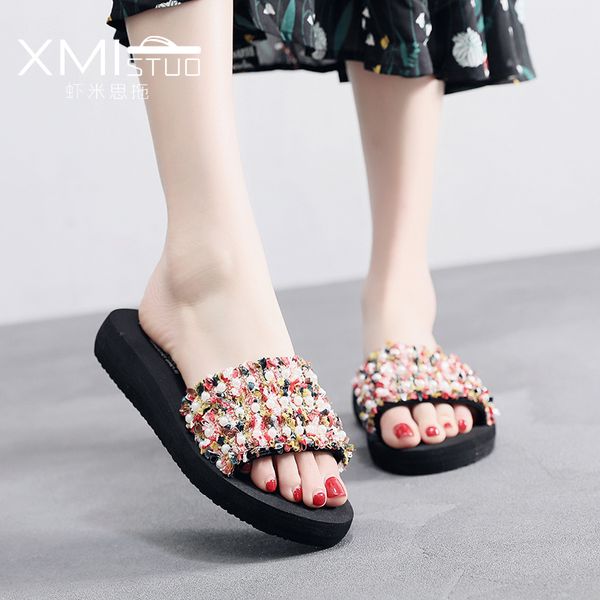 

fashion casual elegant slippers female summer wear beach holiday seaside word drag flat bottom non-slip large size net red sanda, Black