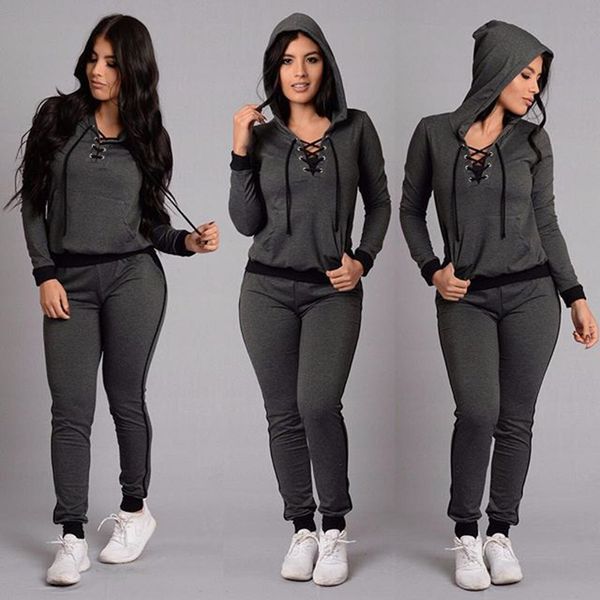 

gym clothing autumn women casual hoodie tracksuits drawstring cap sweatshirt +pants fitness yoga sport suits solid running set plus size, White;black