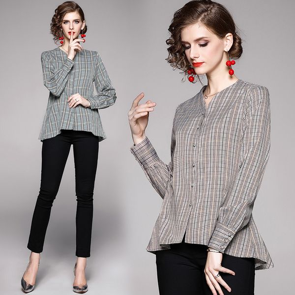 

spot film - european new women's autumn/winter grid cultivate one's morality dovetail long sleeve shirts, White
