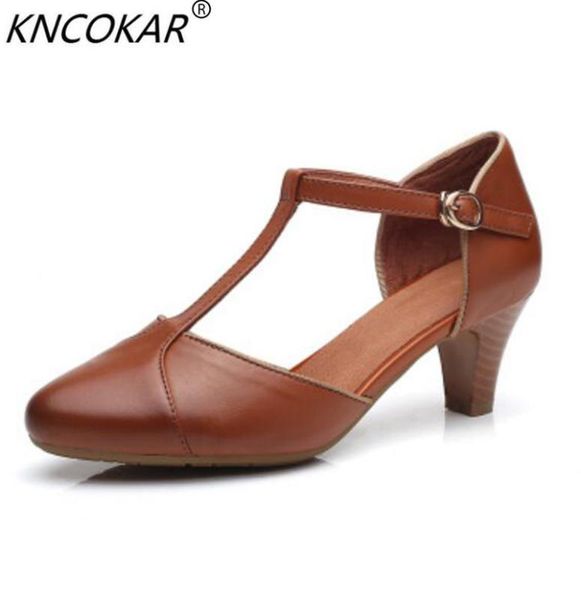 

kncokar 2020 summer new layer cowhide restoring ancient ways thick heel comfortable high-heeled shoes, Black