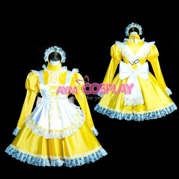 

lockable yellow satin sissy maid dress, Black;red