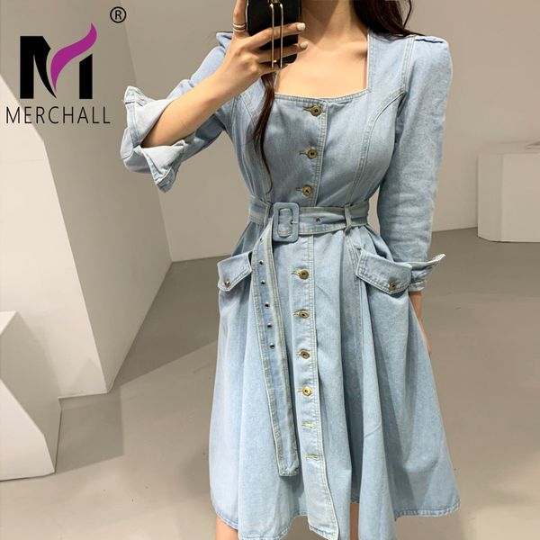 

chic women long sleeve square collar single-breasted blue jeans dress 2020 new spring pocket midi a-line denim sashes dress, Black;gray